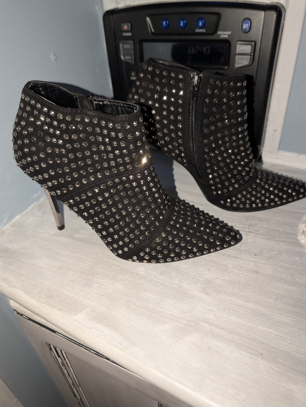 Steve Madden Black Studded Rhinestone Pointed Toe Stiletto Booties Size 7.5